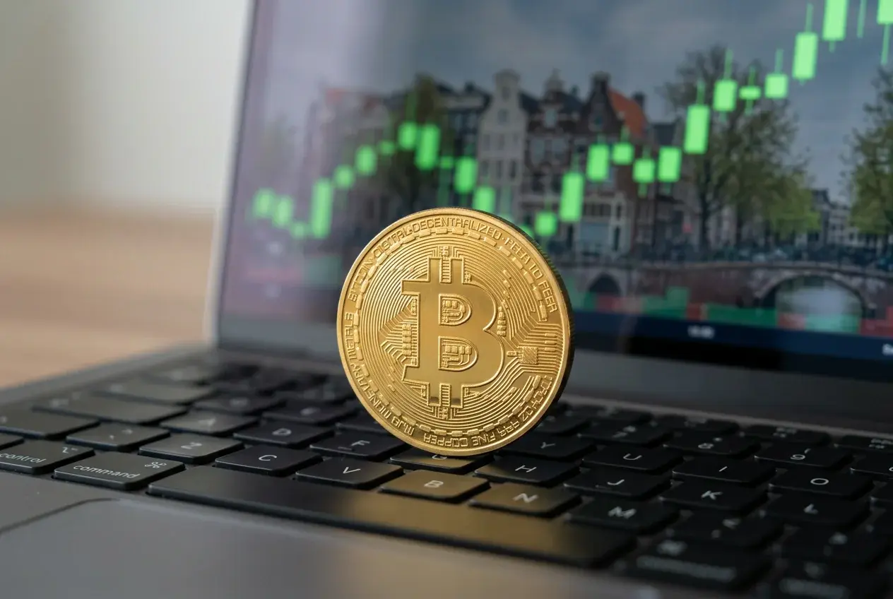 Bitcoin wedden Nederland - fysieke bitcoin munt op laptop met cryptokoersen