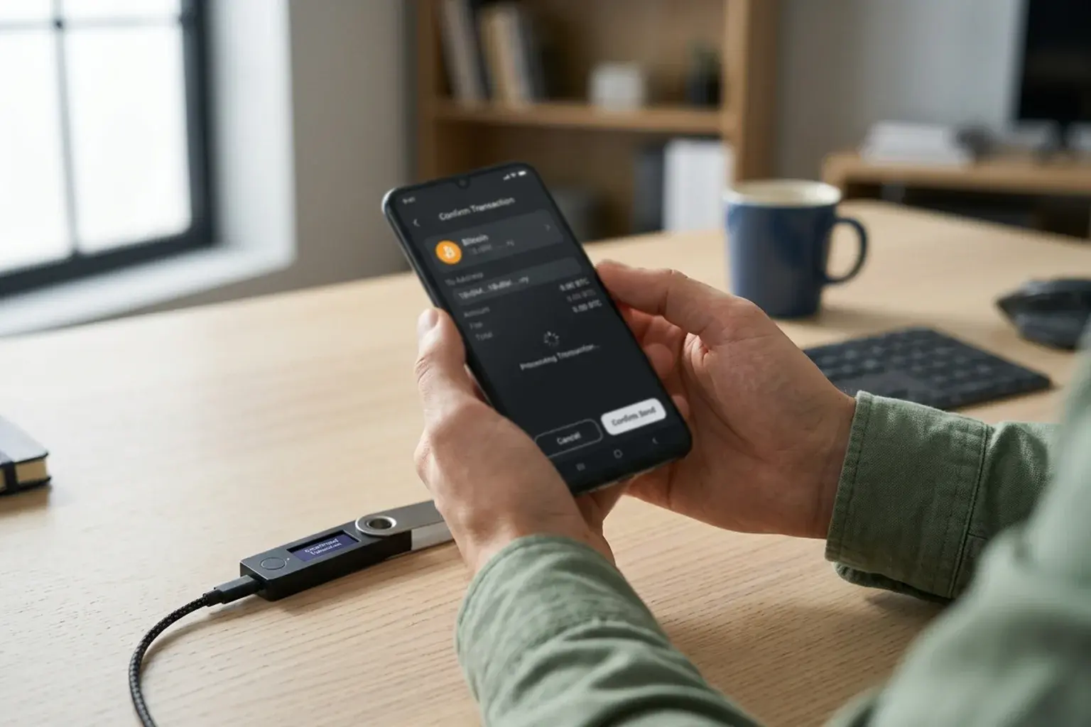 Cryptocurrency wallet app op smartphone met bitcoin transactie naar casino